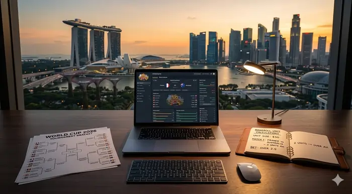 A professional workstation showing analytical World Cup 2026 betting strategies Singapore for beginners.