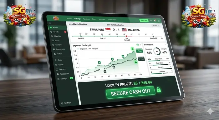 Digital tablet showing live match analytics and a secure cash out option for World Cup 2026 live betting Singapore
