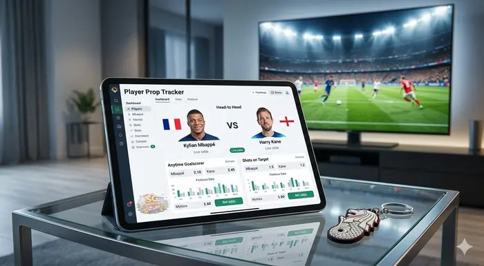 Digital tablet displaying star player performance prop bets for World Cup 2026 in Singapore.