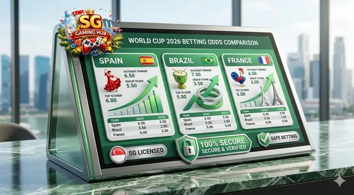 Professional comparison chart of World Cup 2026 betting odds for favorites and dark horse teams in Singapore.