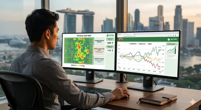 A realistic, wide-angle landscape photograph over the shoulder of a Singaporean data-driven bettor. The setup features dual monitors displaying football tactical heat maps and fluctuating line graphs of live World Cup odds movements. The image captures expert, analytical World Cup 2026 betting odds Singapore strategy.