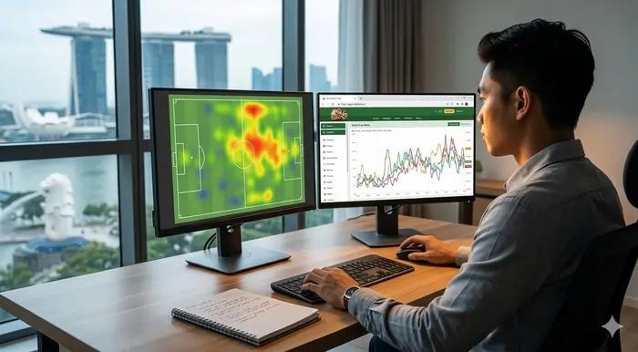 A sharply focused wide-angle image of a digital sportsbook odds board comparing decimal odds for World Cup 2026 matches in Singapore Dollar (SGD). A calculator and a notepad rest on a sleek dark wood desk, visualizing deep World Cup 2026 betting odds Singapore value analysis.