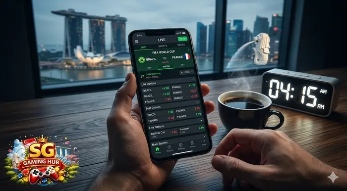 Smartphone displaying dynamic odds for World Cup 2026 live betting Singapore during an early morning match.
