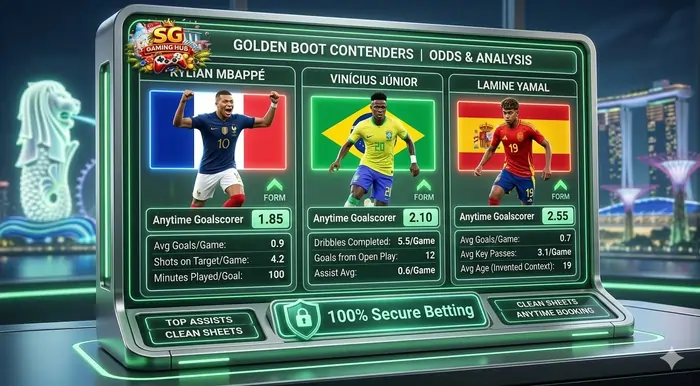 Professional infographic comparing Golden Boot odds and star player statistics for the top World Cup 2026 teams to watch Singapore.