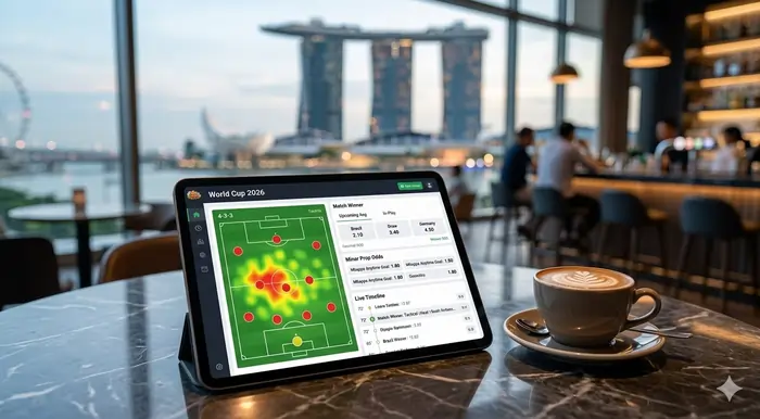 A digital tablet displaying tactical analysis and live betting odds for World Cup 2026 teams to watch Singapore.