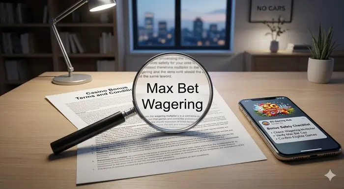Magnifying glass highlighting bonus terms players often ignore on a casino contract.